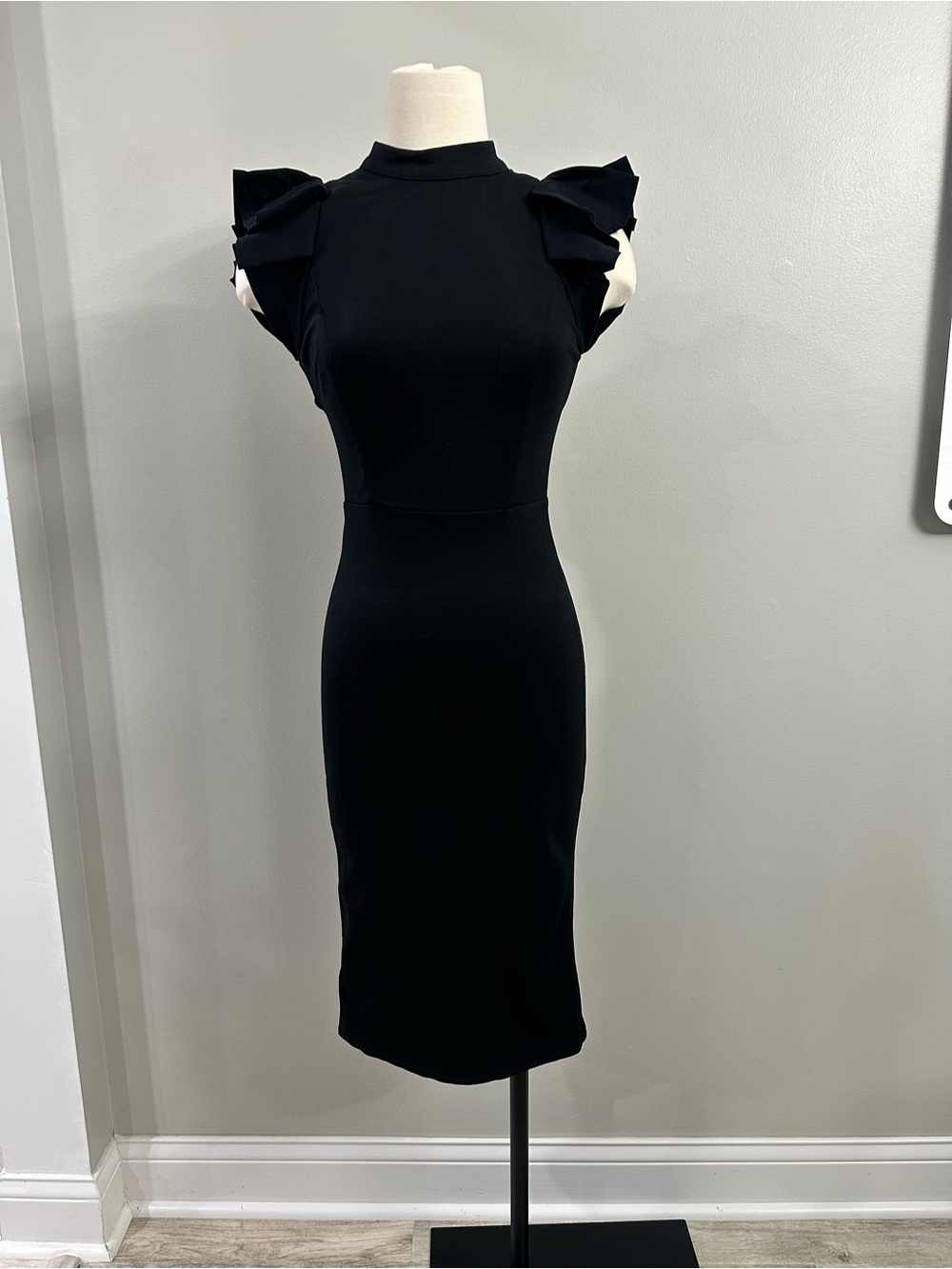 Lulu's Black Midi Sheath Dress with Statement Ruffle Sleeves